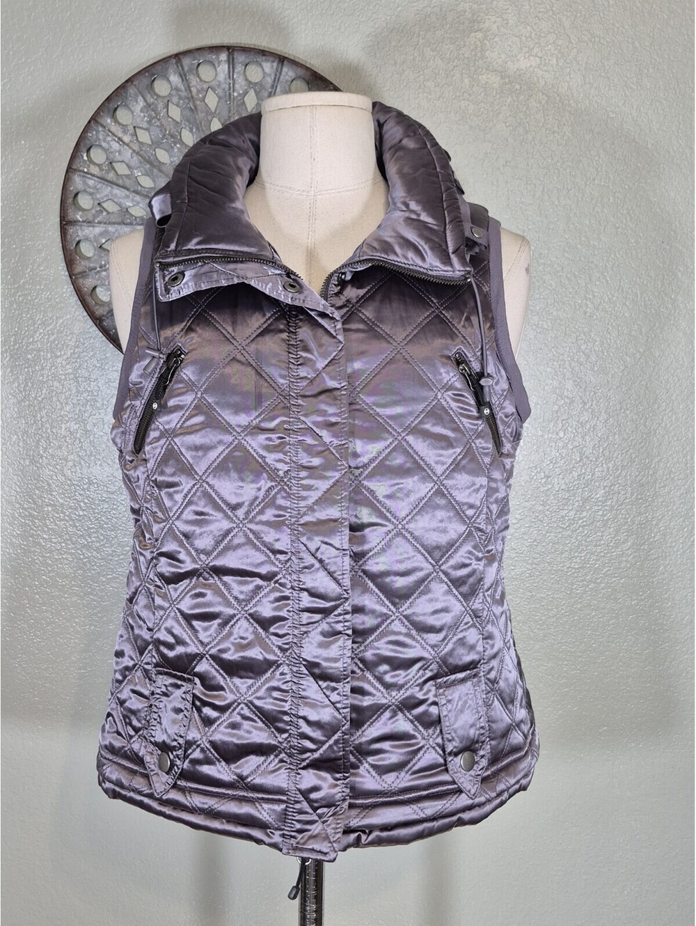 Harley Davidson Women's Quilted Metallic Puffer Vest Hidden Hood Sz L Embroidery